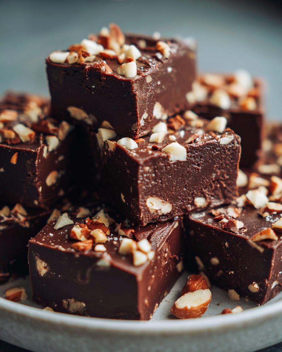 Close-up of rich chocolate fudge pieces topped with chopped almonds, ready to be enjoyed.