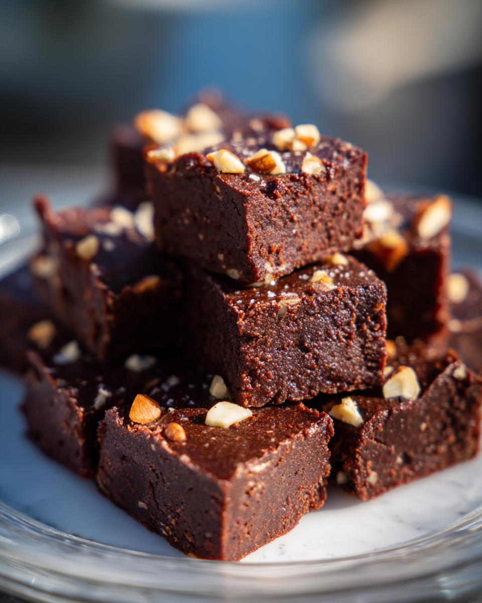 Close-up of decadent chocolate fudge squares topped with chopped nuts, ready to be enjoyed.