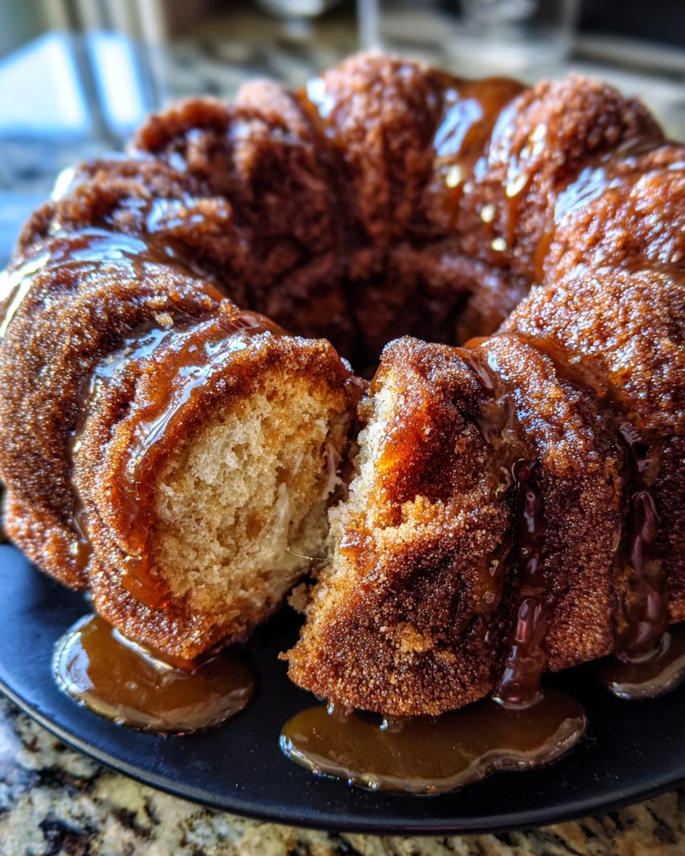 A close-up of a Cinnamon Monkey Bread bundt cake, cut in half, with rich caramel sauce dripping down the sides.