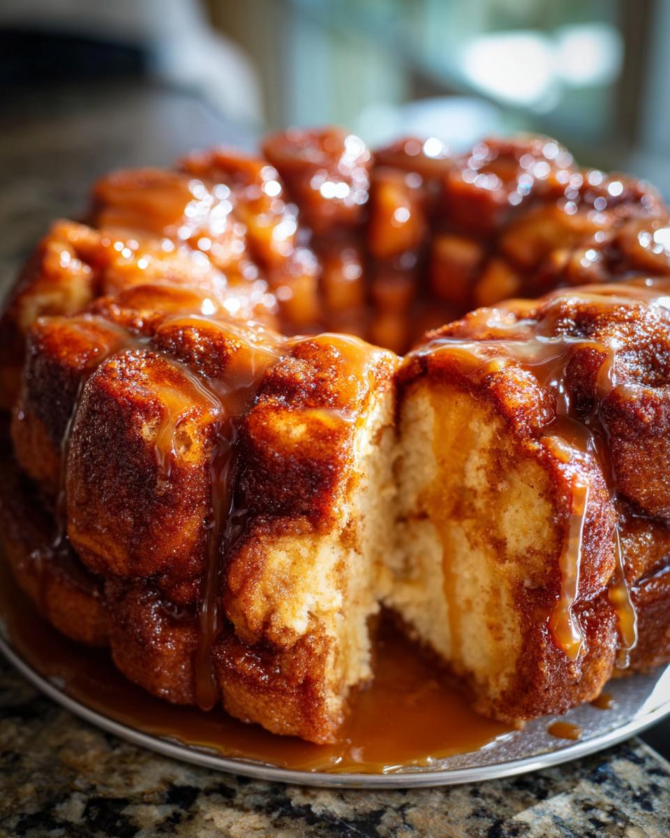 A whole Cinnamon Monkey Bread with a slice removed, generously drizzled with caramel sauce.
