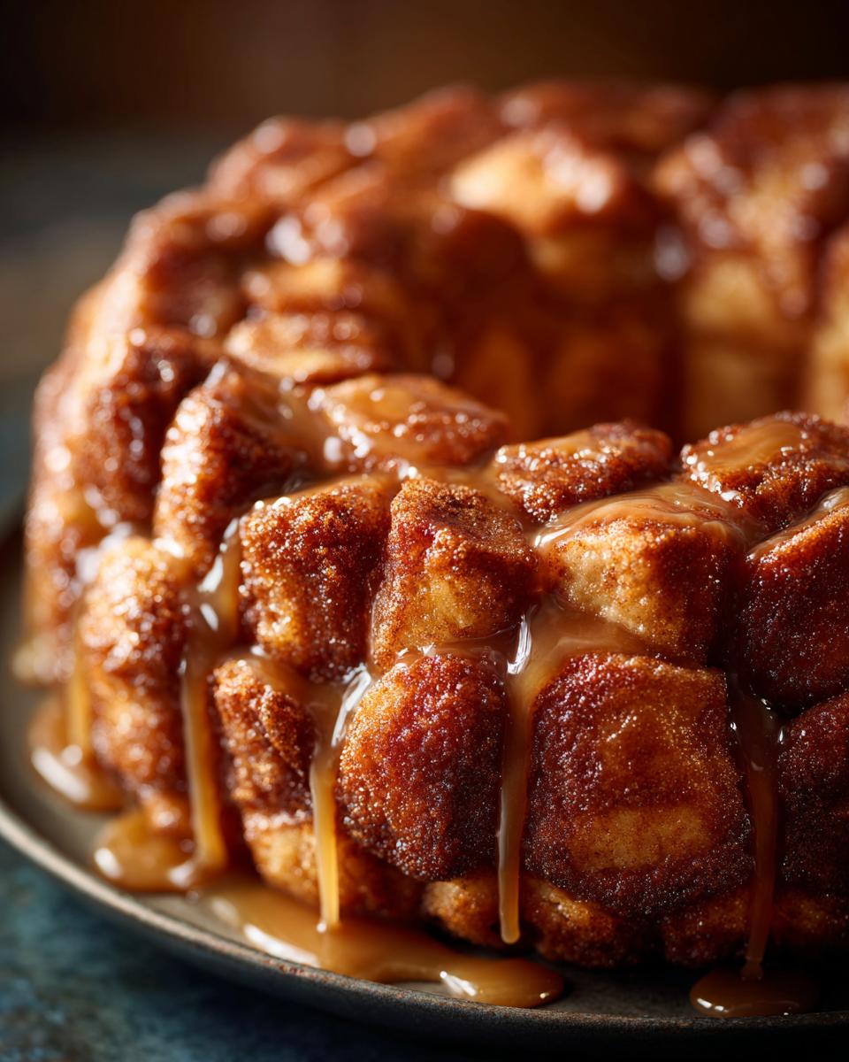 Close-up of a warm Cinnamon Monkey Bread drizzled with caramel sauce, showcasing its pull-apart texture.