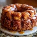 Close-up of a golden brown Cinnamon Monkey Bread drizzled with a rich caramel glaze.