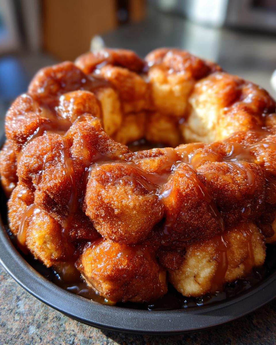 Close-up of a golden brown Cinnamon Monkey Bread baked in a round pan, drizzled with glossy caramel sauce.
