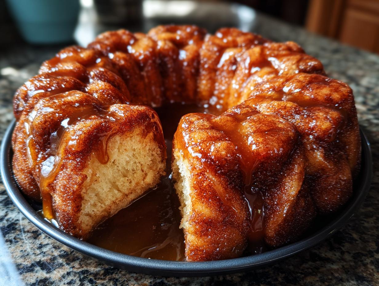 A whole Cinnamon Monkey Bread, glazed with caramel sauce, with a slice removed to show the soft interior.