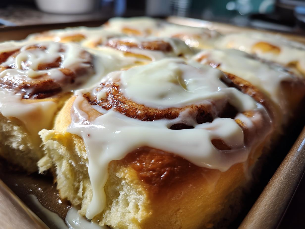 Close-up of freshly baked cinnamon rolls covered in creamy white frosting on a baking sheet.