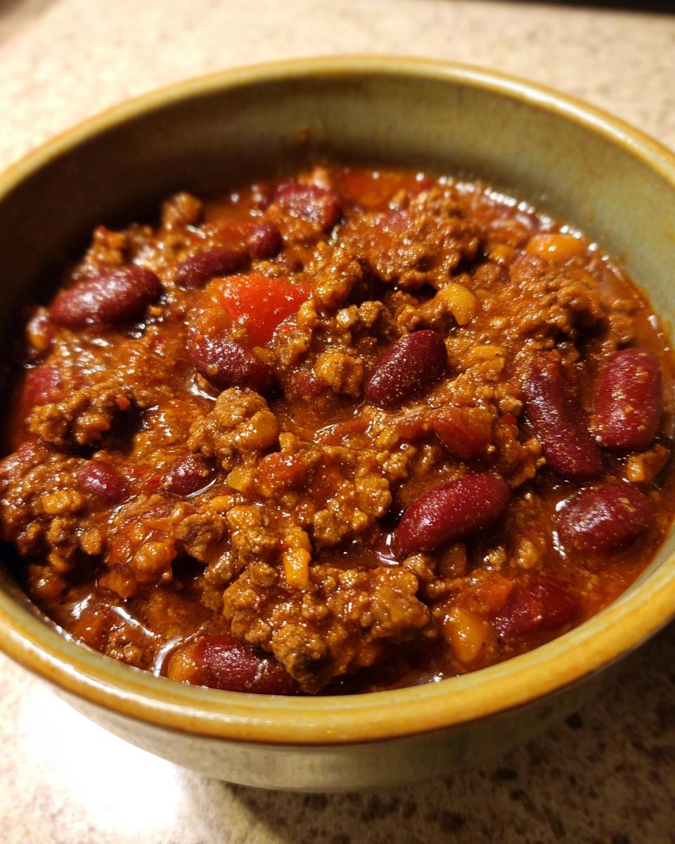 A close-up shot of a bowl filled with hearty Classic Beef Chili, featuring ground beef and kidney beans in a rich sauce.