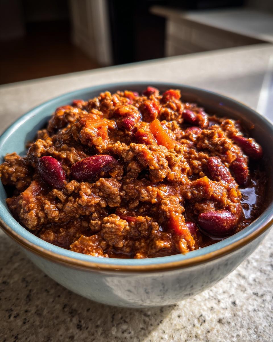 A close-up of a bowl filled with hearty Classic Beef Chili, featuring ground beef and kidney beans in a rich tomato sauce.