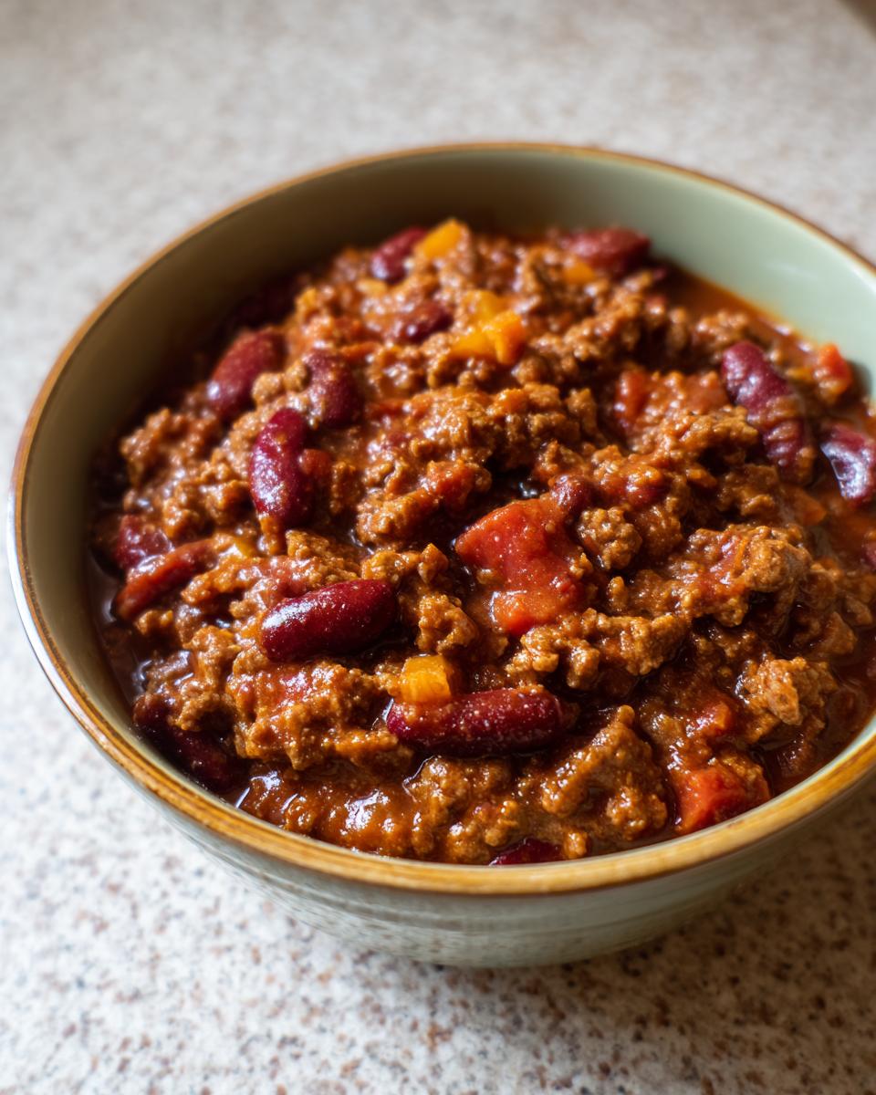 A close-up view of a bowl filled with hearty Classic Beef Chili, featuring ground beef, kidney beans, and tomatoes.