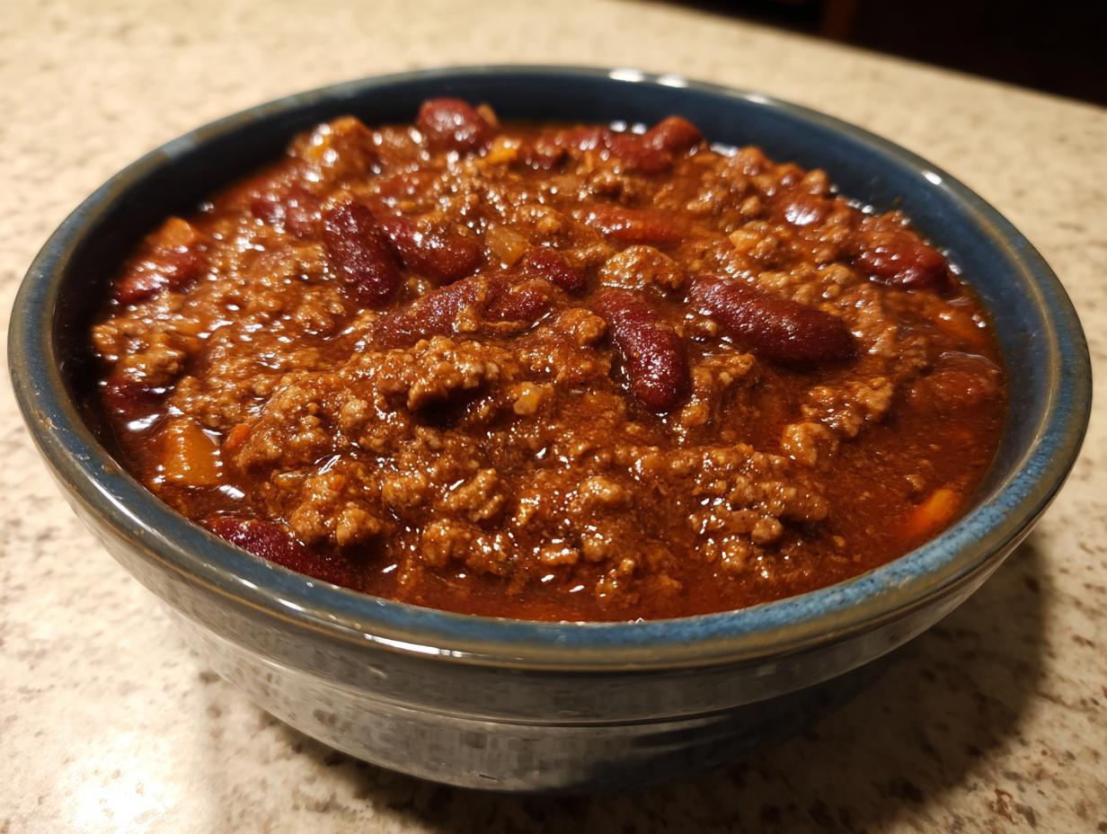 A close-up view of a blue bowl filled with hearty classic beef chili, featuring ground beef and kidney beans.