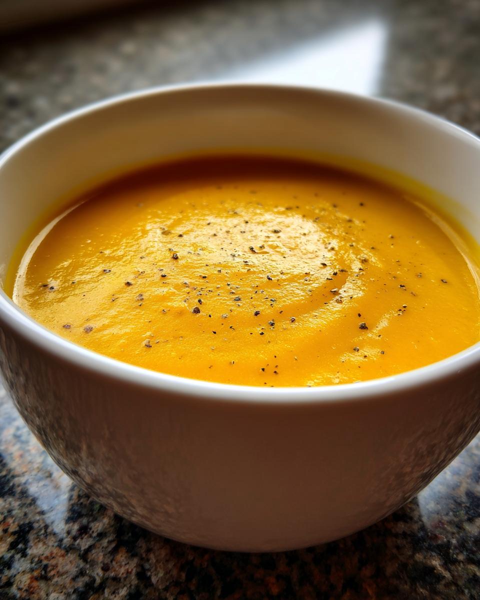 A close-up shot of a white bowl filled with vibrant orange Classic Butternut Squash Soup, lightly seasoned with black pepper.