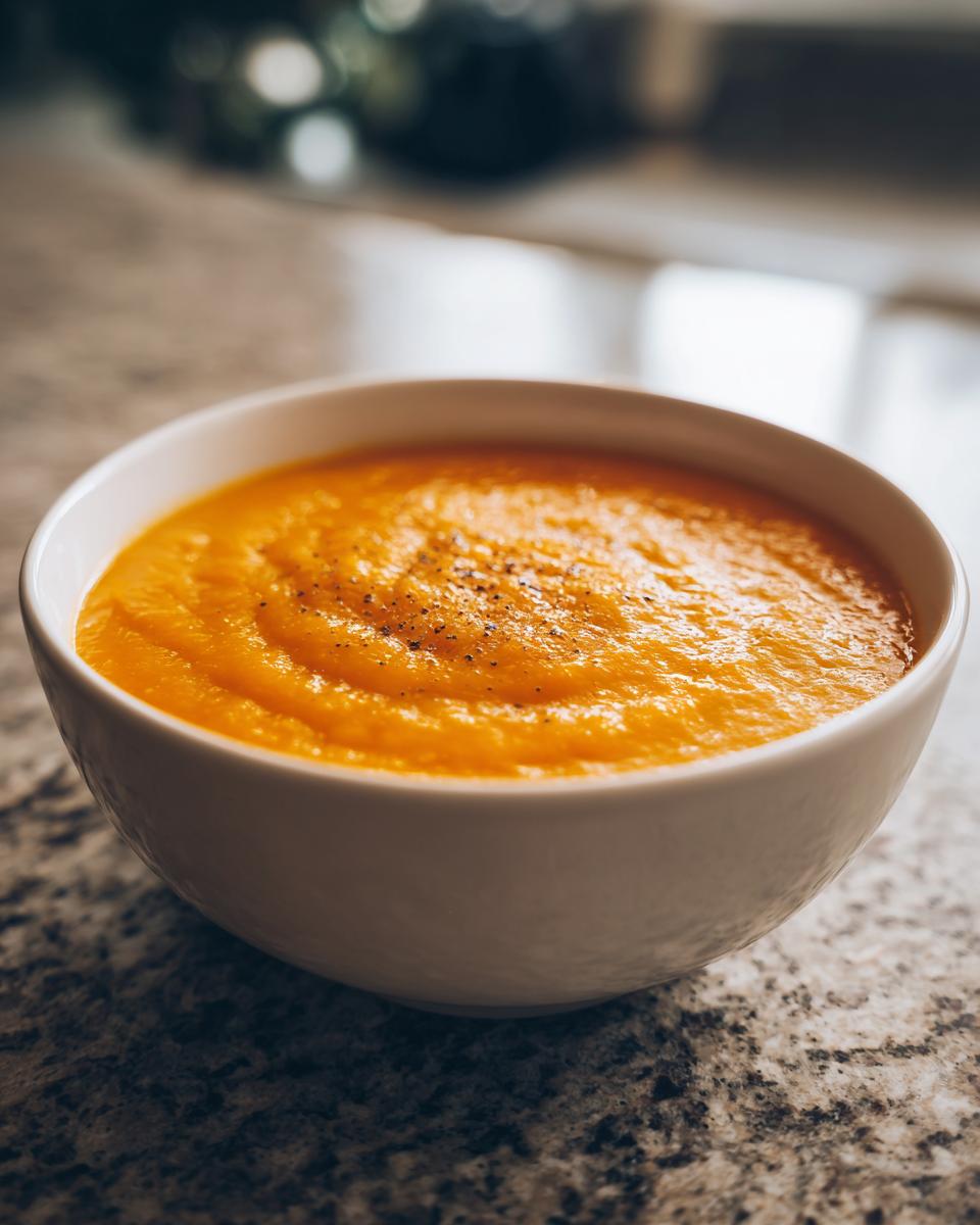 A close-up of a white bowl filled with smooth, vibrant Classic Butternut Squash Soup, lightly seasoned with black pepper.