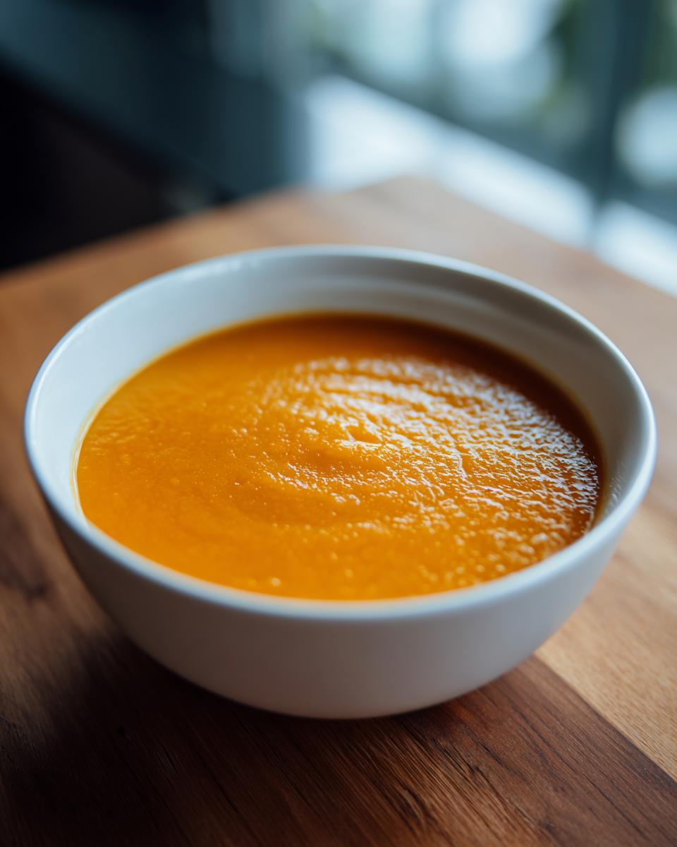 A close-up of a white bowl filled with vibrant Classic Butternut Squash Soup, served on a wooden surface.