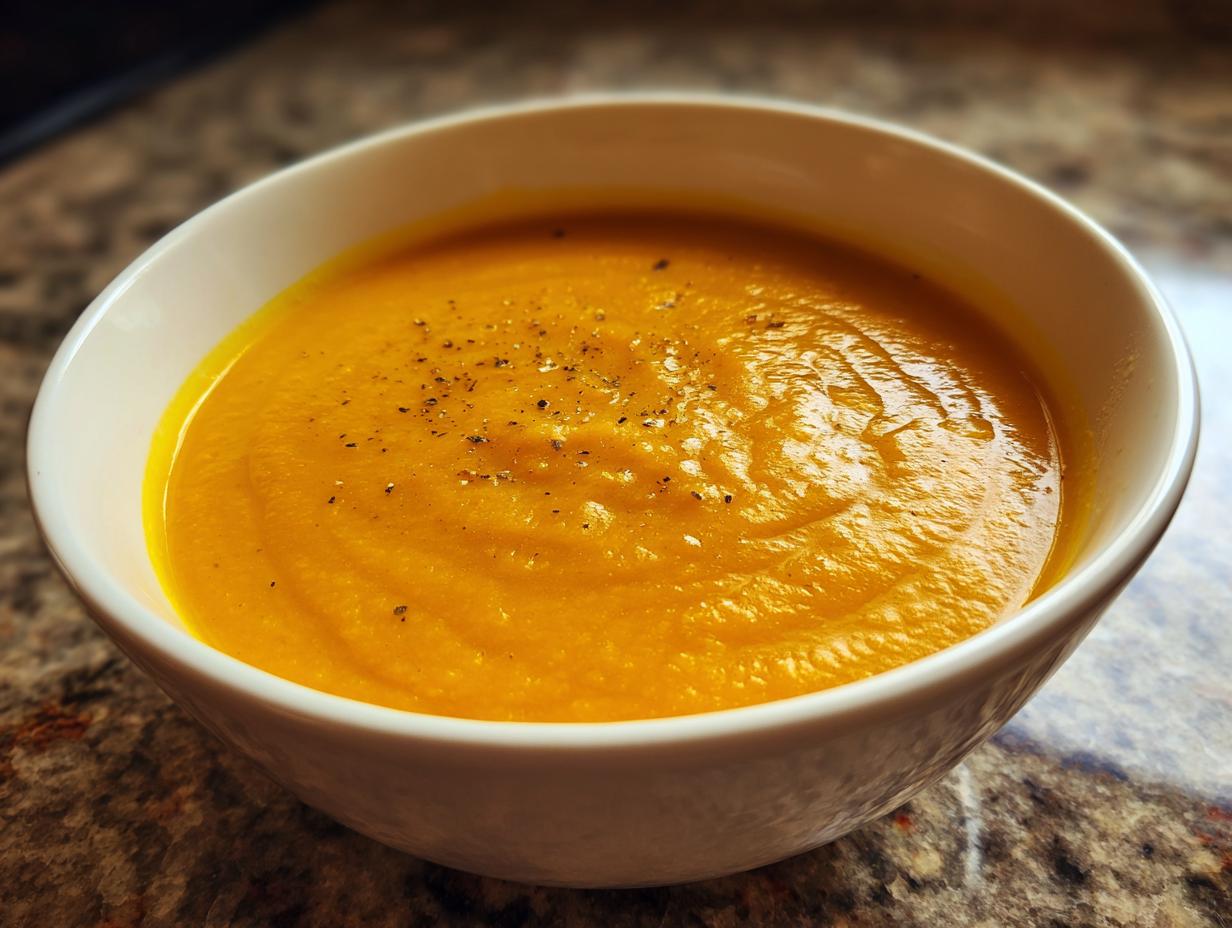 A close-up of a white bowl filled with creamy Classic Butternut Squash Soup, garnished with black pepper.