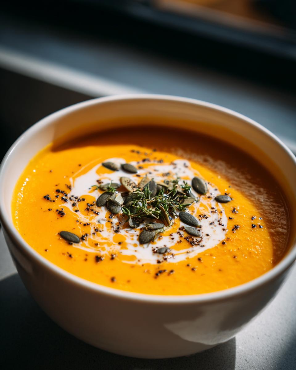 A bowl of vibrant Classic Butternut Squash Soup, garnished with a swirl of cream, pumpkin seeds, and fresh herbs.
