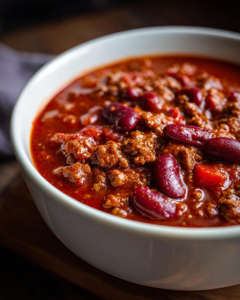Close-up of a white bowl filled with hearty classic chili, featuring ground beef and kidney beans.
