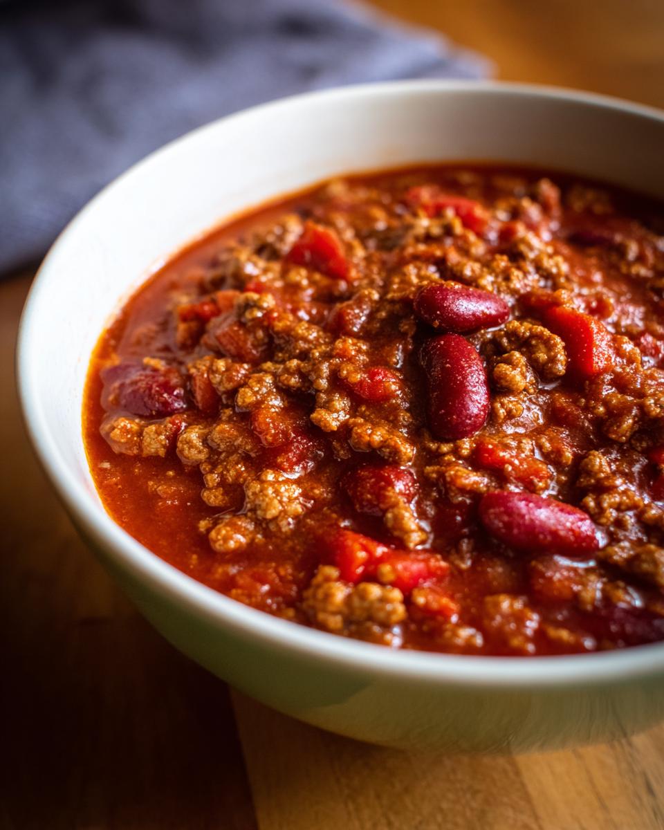 Close-up of a bowl of classic chili with ground beef, tomatoes, and kidney beans.