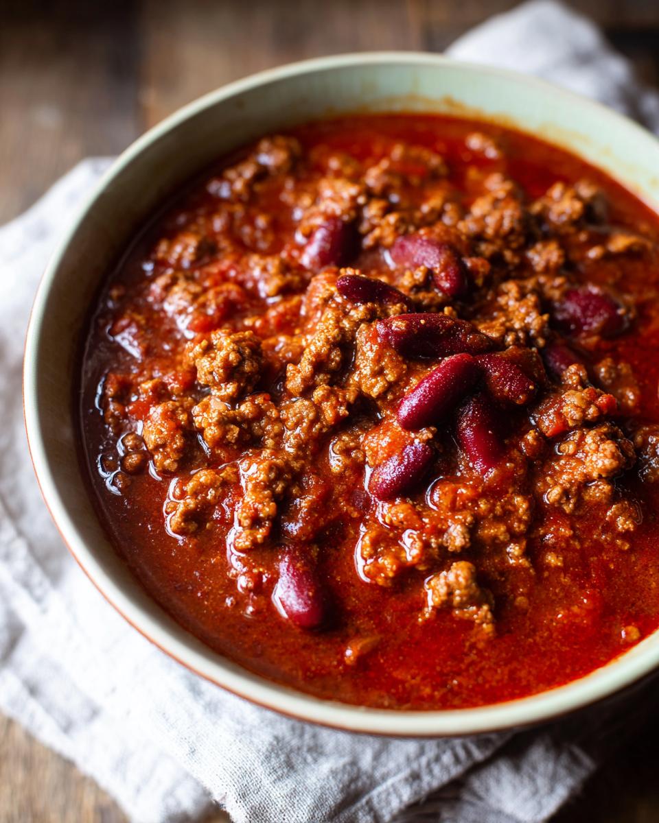 A close-up overhead view of a bowl filled with rich, hearty classic chili, featuring ground beef and kidney beans.
