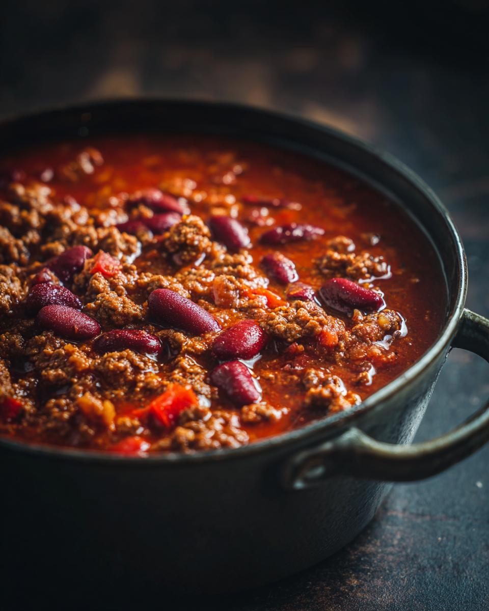 Close-up of a pot filled with delicious classic chili, featuring ground beef, kidney beans, and a rich tomato base.