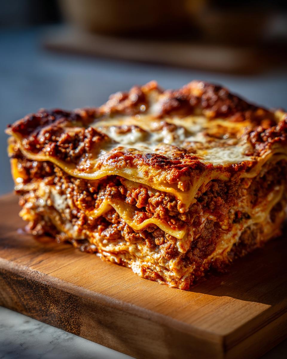 A delicious slice of Classic Lasagna with layers of pasta, rich meat sauce, and creamy cheese, served on a wooden cutting board.