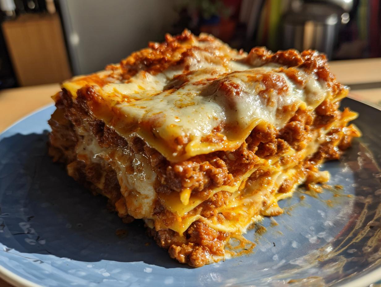 A generous slice of classic lasagna with layers of pasta, rich meat sauce, and melted cheese, served on a blue plate.
