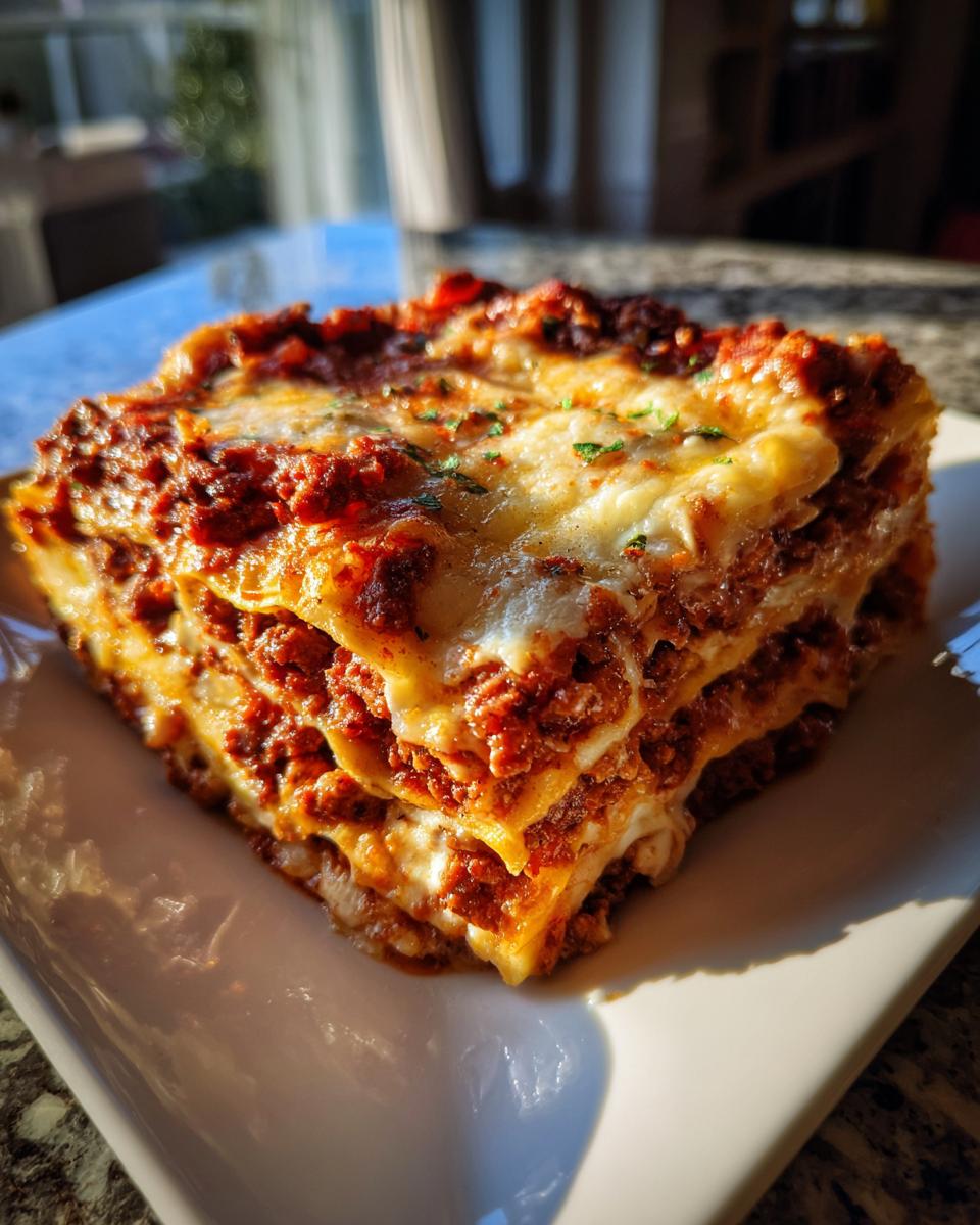 A hearty slice of classic lasagna, featuring layers of pasta, rich meat sauce, and melted cheese, garnished with herbs.
