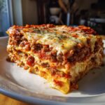 A mouthwatering slice of classic lasagna, featuring layers of pasta, rich meat sauce, and melted cheese, sprinkled with herbs.