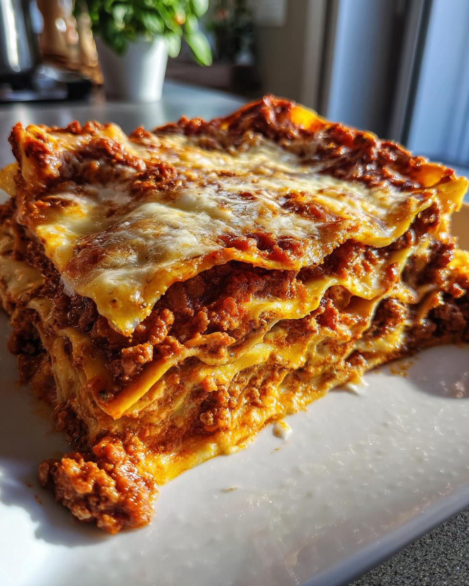 A generous slice of classic lasagna featuring layers of pasta, rich meat sauce, and melted cheese.