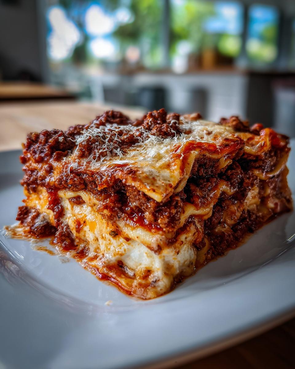 A generous slice of classic lasagna, showcasing layers of pasta, rich meat sauce, and melted cheese.