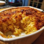 A close-up of a white baking dish filled with bubbling Classic Macaroni and Cheese, topped with golden-brown breadcrumbs.