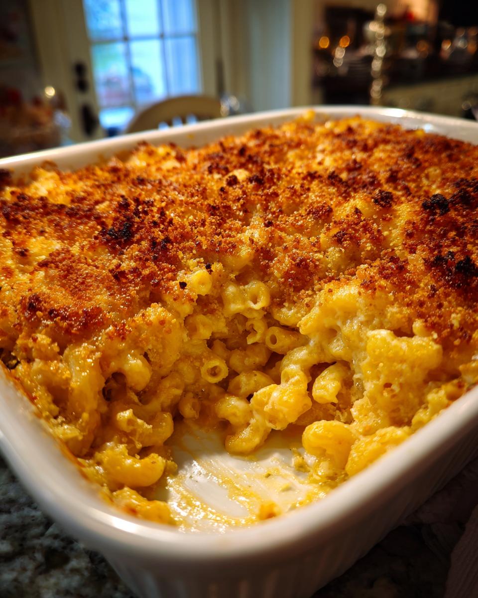 A close-up view of a baking dish filled with Classic Macaroni and Cheese, featuring a golden-brown breadcrumb topping and creamy pasta.