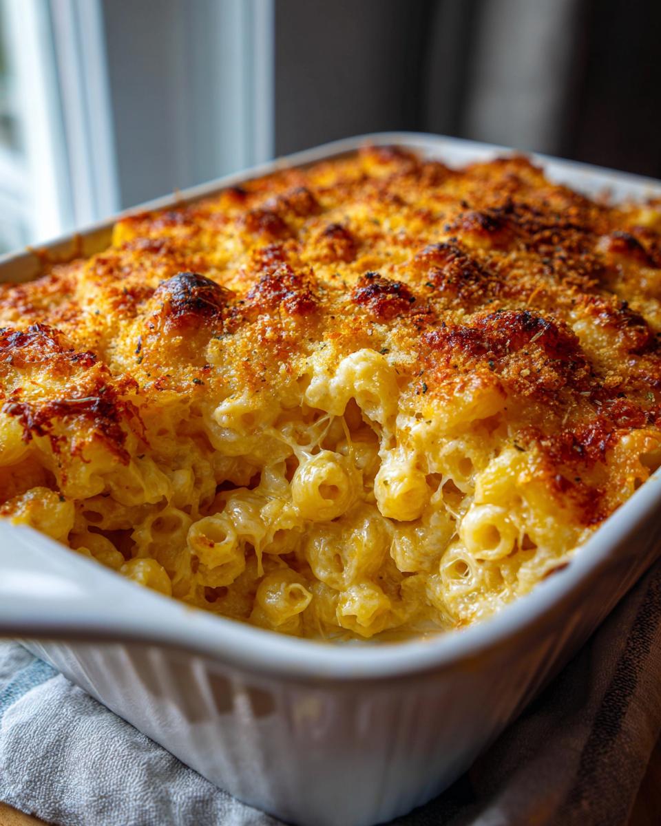 A close-up of a baking dish filled with bubbling Classic Macaroni and Cheese, topped with a golden-brown, crispy breadcrumb and cheese crust.
