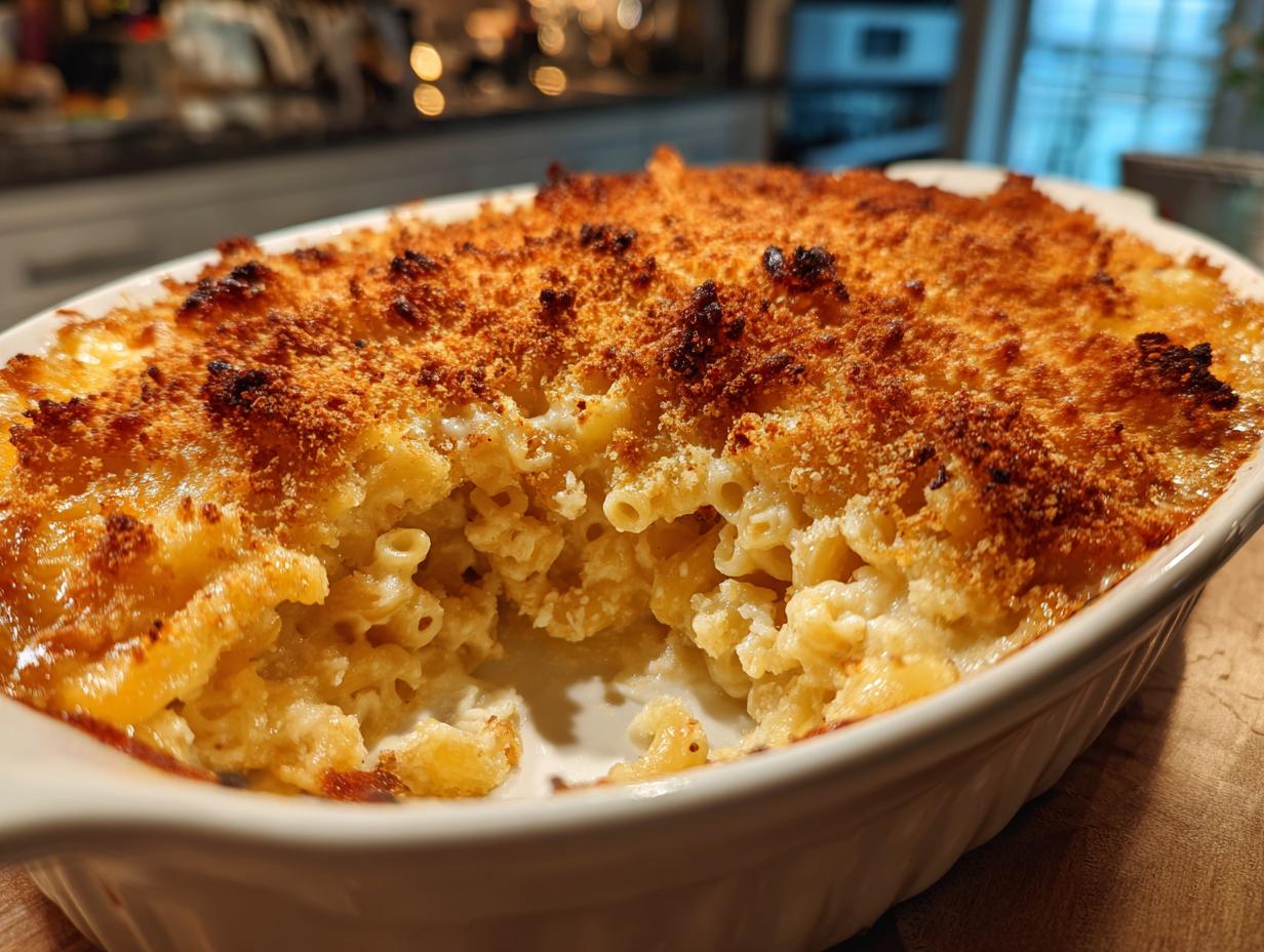 Close-up of a baking dish filled with Classic Macaroni and Cheese, featuring a golden-brown, crispy breadcrumb topping.