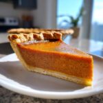 A perfectly baked slice of Classic Pumpkin Pie with a flaky crust, served on a white plate.