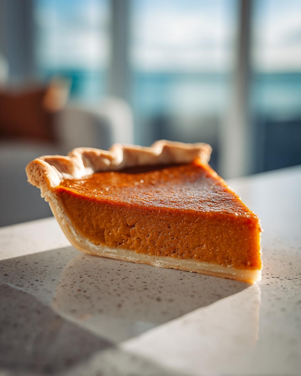 A perfect slice of Classic Pumpkin Pie with a flaky crust and smooth filling, bathed in sunlight.