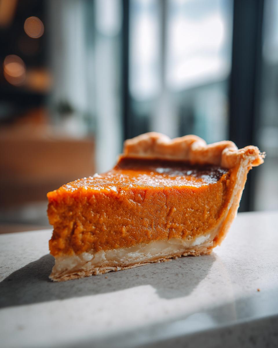A close-up of a slice of Classic Pumpkin Pie with a flaky crust and smooth filling.