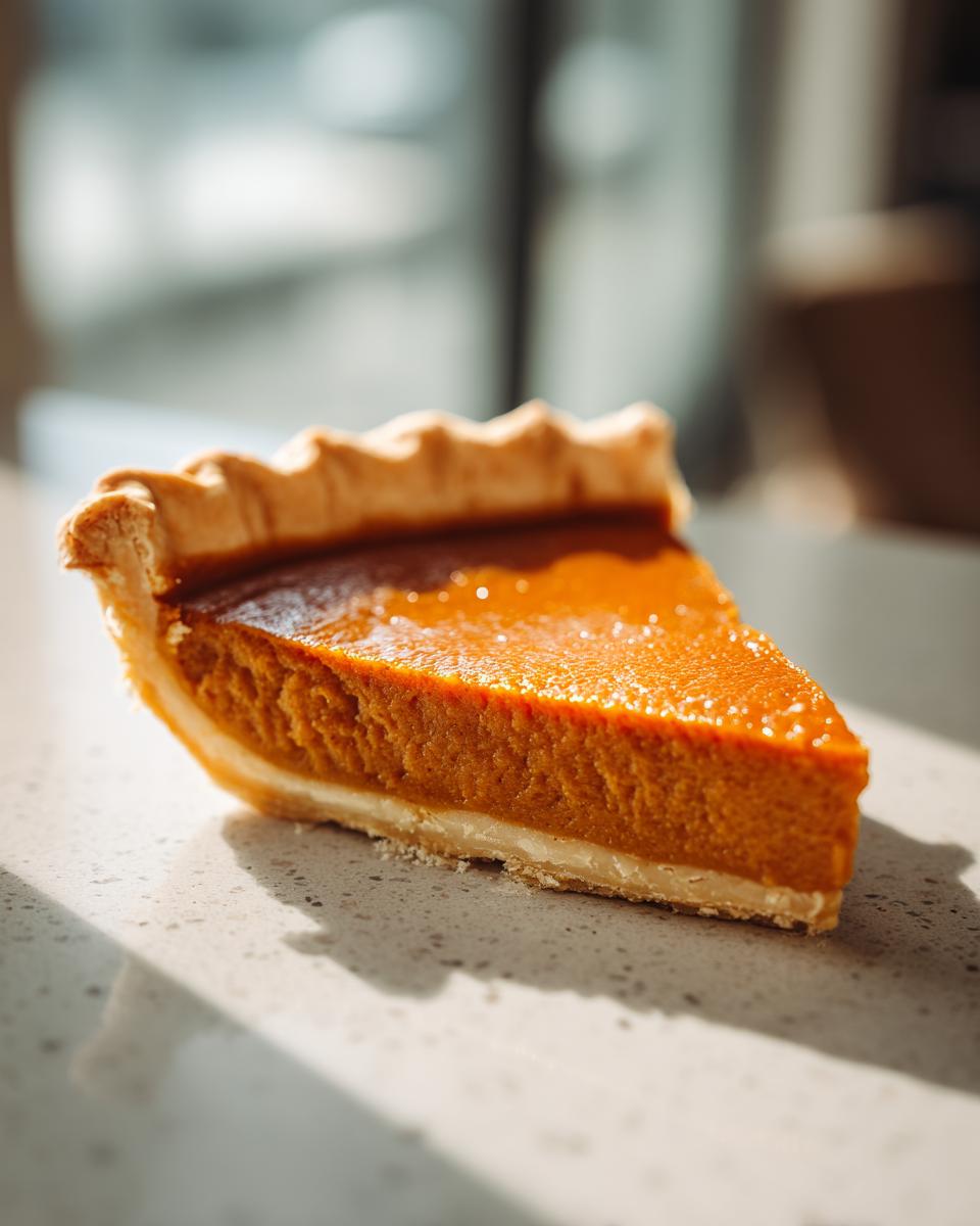 A perfect slice of Classic Pumpkin Pie with a golden crust and smooth filling, bathed in sunlight.