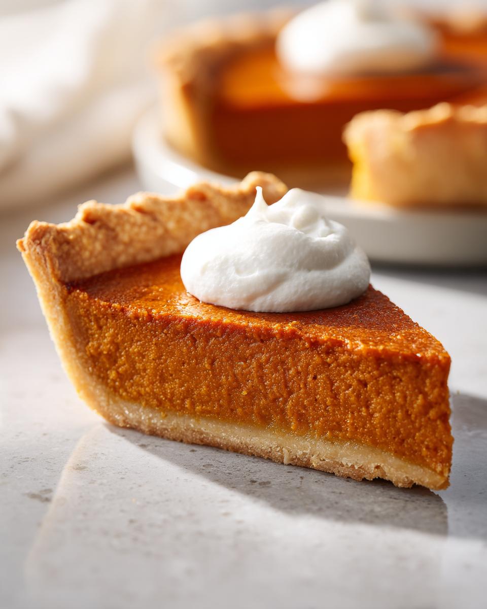 A perfect slice of Classic Pumpkin Pie topped with a dollop of whipped cream.