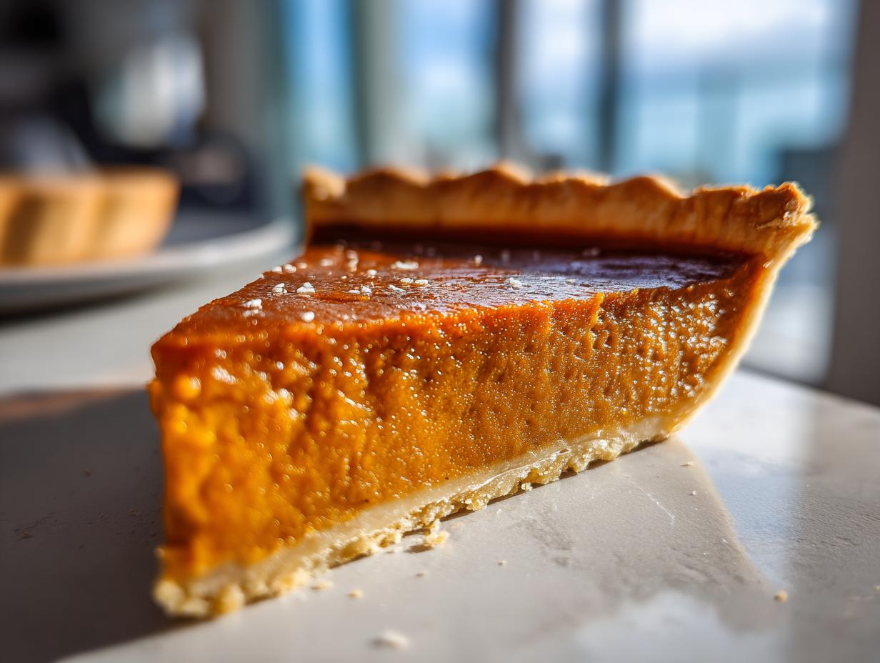 A close-up shot of a perfect slice of Classic Pumpkin Pie, showcasing its rich orange filling and flaky crust.