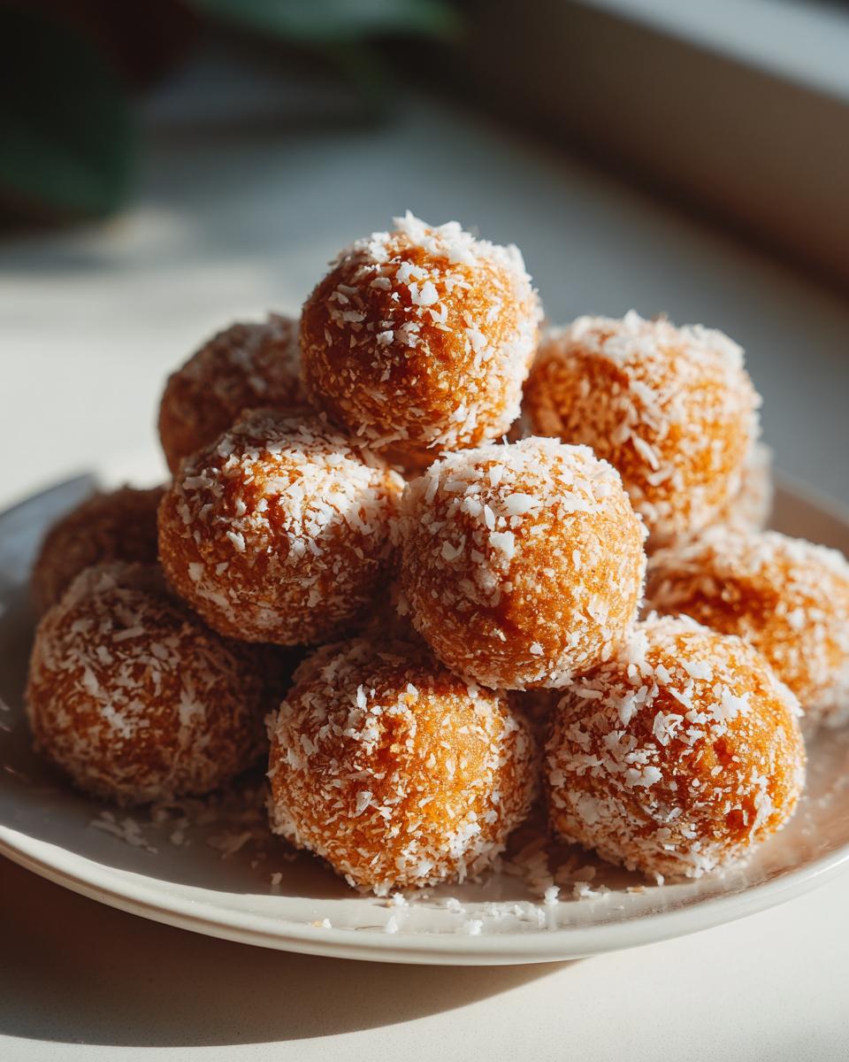 A close-up shot of a pile of delicious Coconut Ladoo balls, coated in shredded coconut.
