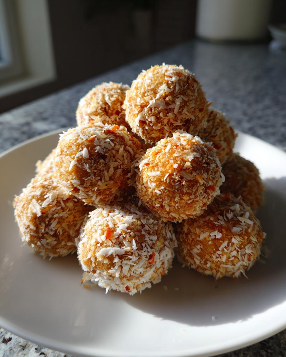 A pile of delicious Coconut Ladoo balls coated in shredded coconut, ready to be enjoyed.