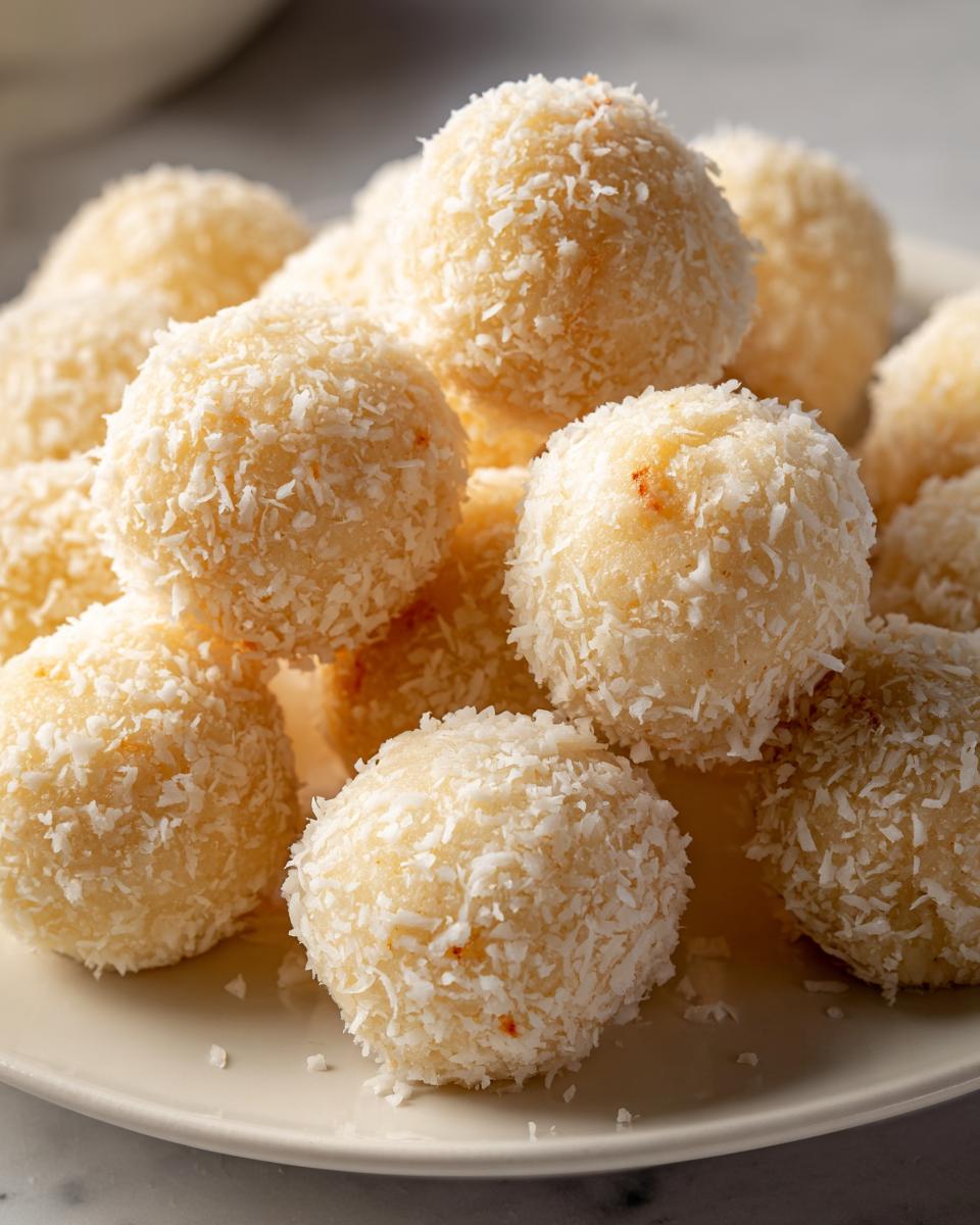 A close-up shot of a pile of delicious Coconut Ladoo, coated in shredded coconut.