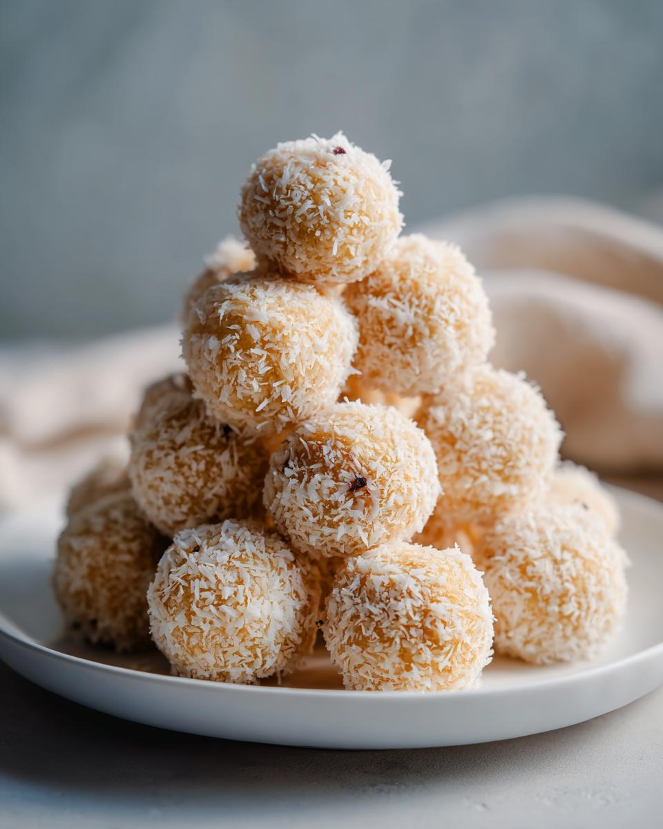 A tall stack of delicious Coconut Ladoo balls generously coated in shredded coconut.