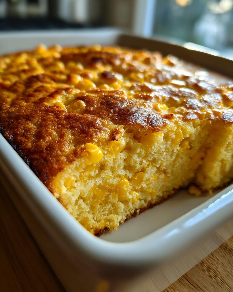 Close-up of a golden brown corn casserole with visible corn kernels baked in a white dish.