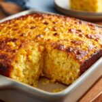 A golden brown, freshly baked corn casserole in a baking dish, with a slice removed.