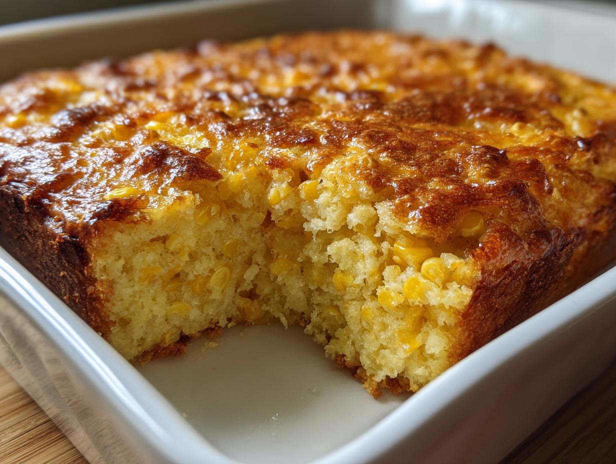 A close-up of a golden-brown, freshly baked corn casserole in a white baking dish, with a piece removed.