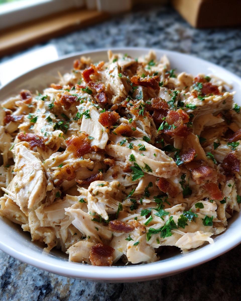 A close-up of a bowl of creamy Crack Chicken topped with crispy bacon bits and fresh parsley.
