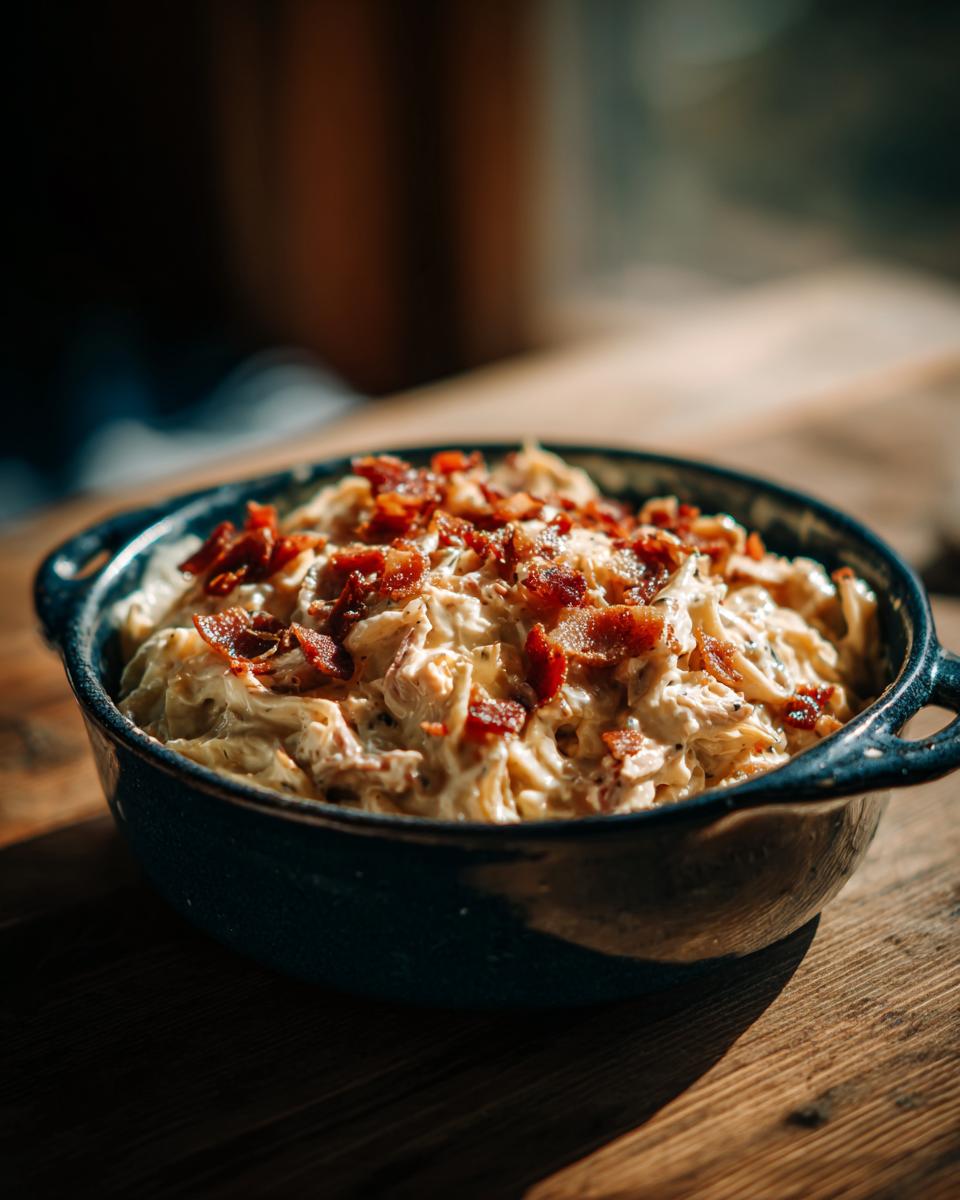 A close-up of a creamy Crack Chicken casserole topped with crispy bacon bits in a blue dish.
