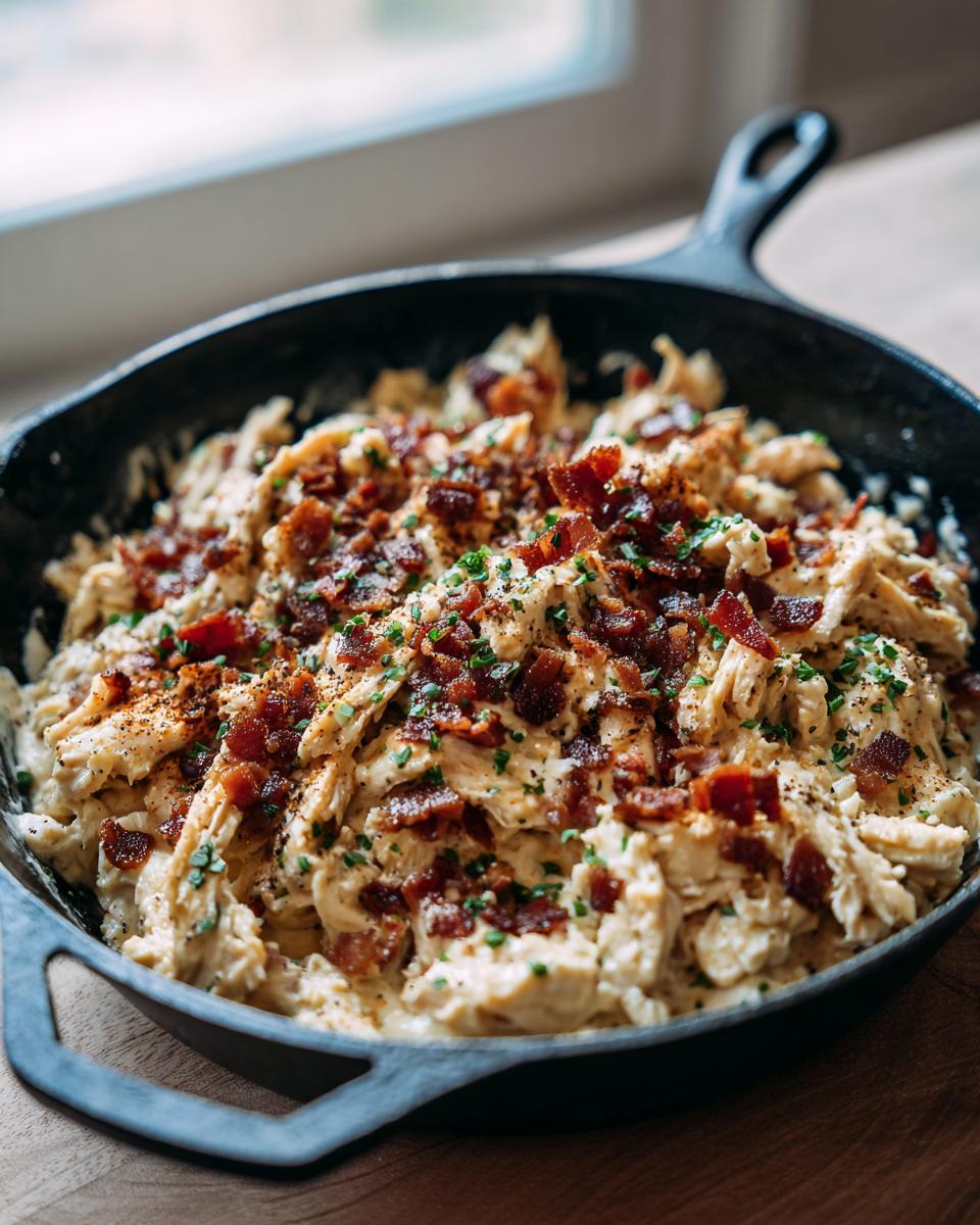 Close-up of creamy Crack Chicken topped with crispy bacon and chives in a cast iron skillet.