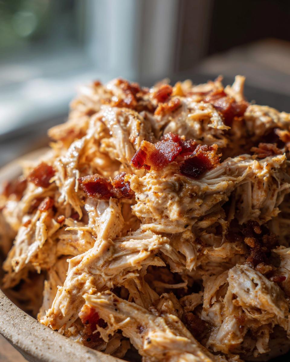 Close-up of creamy, shredded Crack Chicken topped with crispy bacon pieces in a bowl.