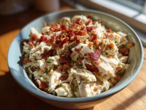 A close-up of a bowl filled with creamy, shredded crack chicken topped with crispy bacon bits and fresh parsley.